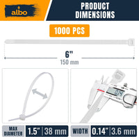 ALBO 1000 Pcs. White Zip Ties, 6 Inch, Heavy Duty, 40 lb Tensile Strength