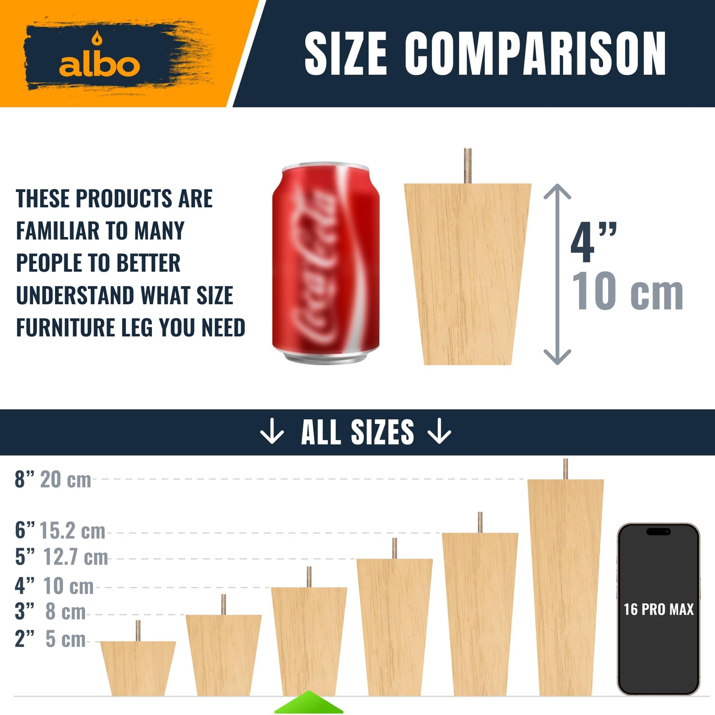Albo Wood Furniture Legs 4 inches, Heavy Duty Sofa Legs, Pack of 4 Square Couch Legs Covered with Clear Varnish, Sofa Replacement Parts, for Dresser Legs, Sideboard, Recliner Couch, Circle Chair