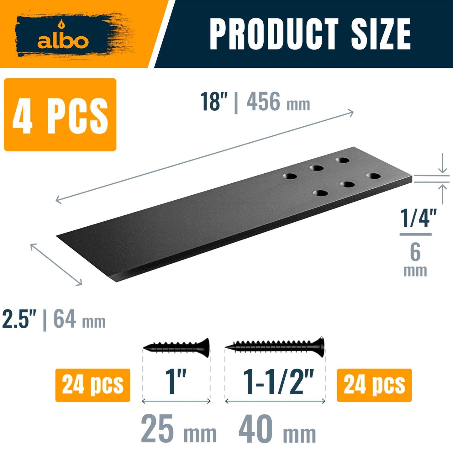 ALBO 18" Heavy Duty Flat Countertop Support Brackets 4 PCS, 300 lb 1/4" Steel - Hidden Flush-Mount Corbel | Matte Black Powder-Coated with Screws for Quartz Granite Wood Kitchen Island Bar Tops