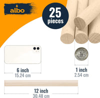 ALBO 1" x 12" Birch Wooden Dowel Rods 25 Pack