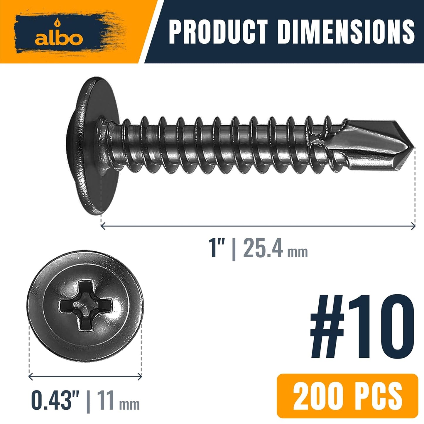 ALBO #10 x 1 inch Self-Tapping Sheet Metal Screws Black 200pcs