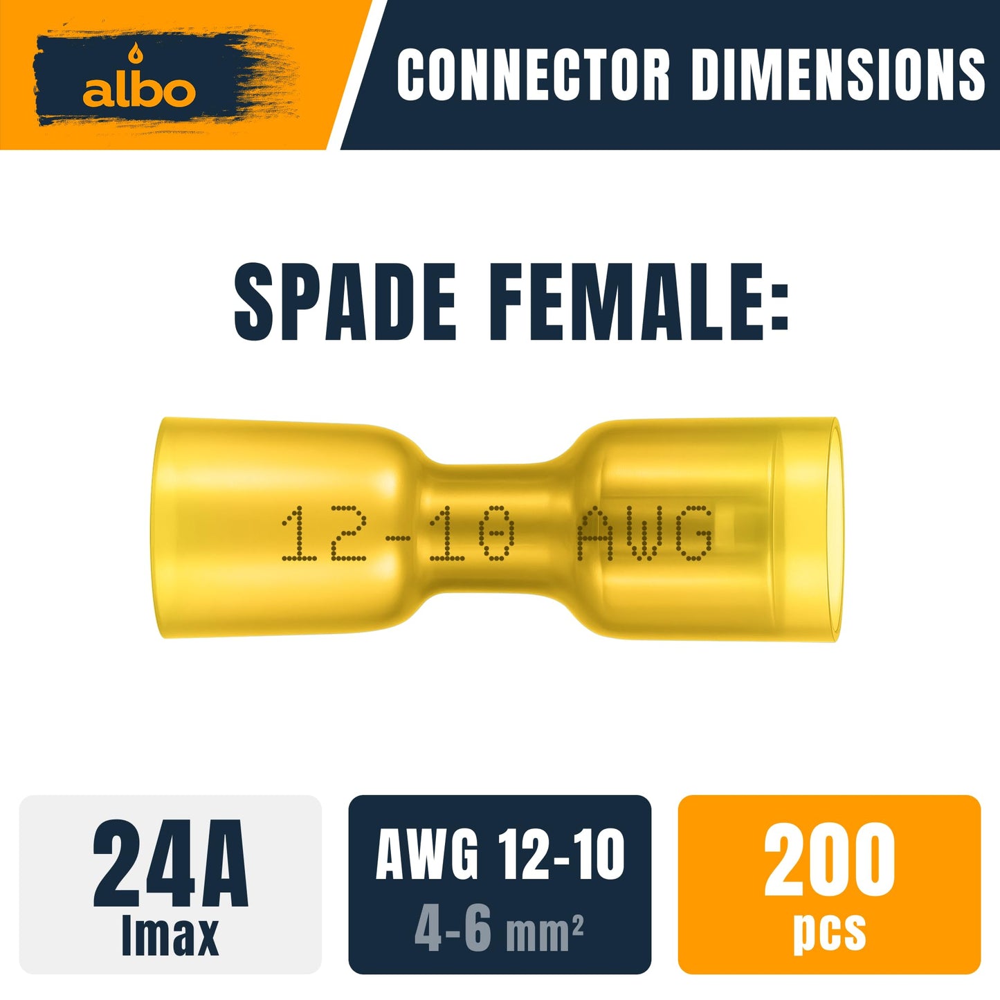 ALBO 200PCS Heat Shrink Female Spade Connectors Kit – AWG 12–10 Yellow Waterproof Electrical Terminals, Fully Insulated Female Wire Spade Connectors for Marine, and Heavy-Duty Wiring Projects