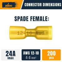 ALBO 200PCS Heat Shrink Female Spade Connectors Kit – AWG 12–10 Yellow Waterproof Electrical Terminals, Fully Insulated Female Wire Spade Connectors for Marine, and Heavy-Duty Wiring Projects