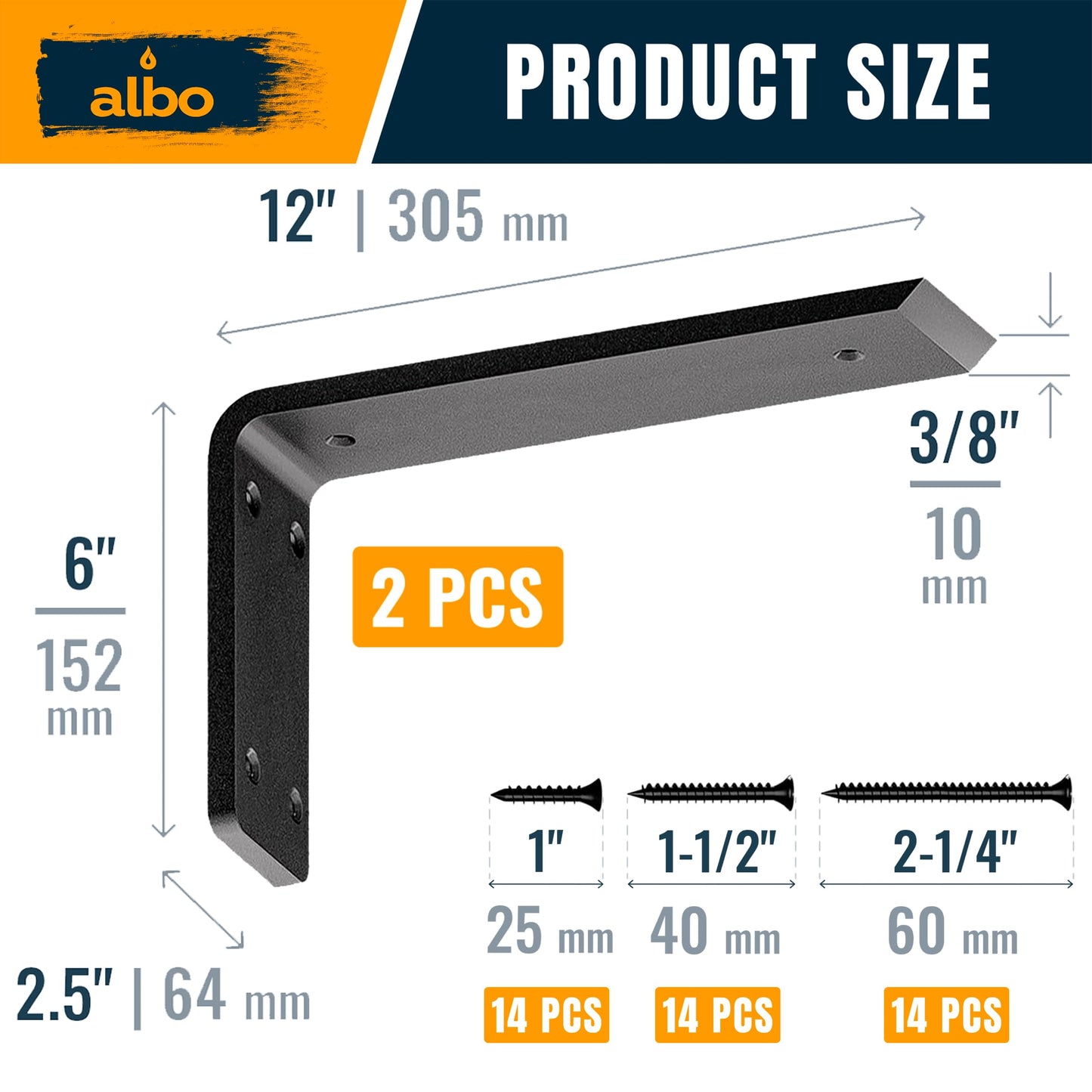 ALBO 12 inch Heavy Duty Countertop Support Brackets 2PCS