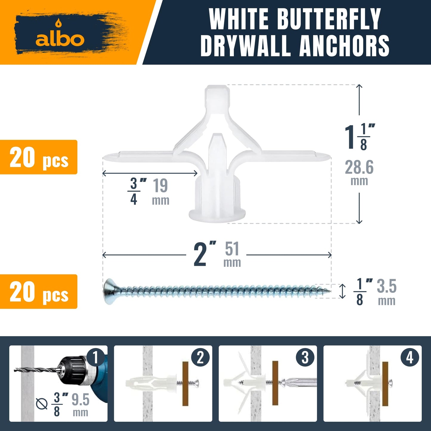 ALBO Drywall Anchor Kit with Screws - 120 Pcs Hollow Wall Set (Grey Butterfly, White Butterfly, Self Drilling, Screws) - Plastic Anchors for Drilling Hollow Walls