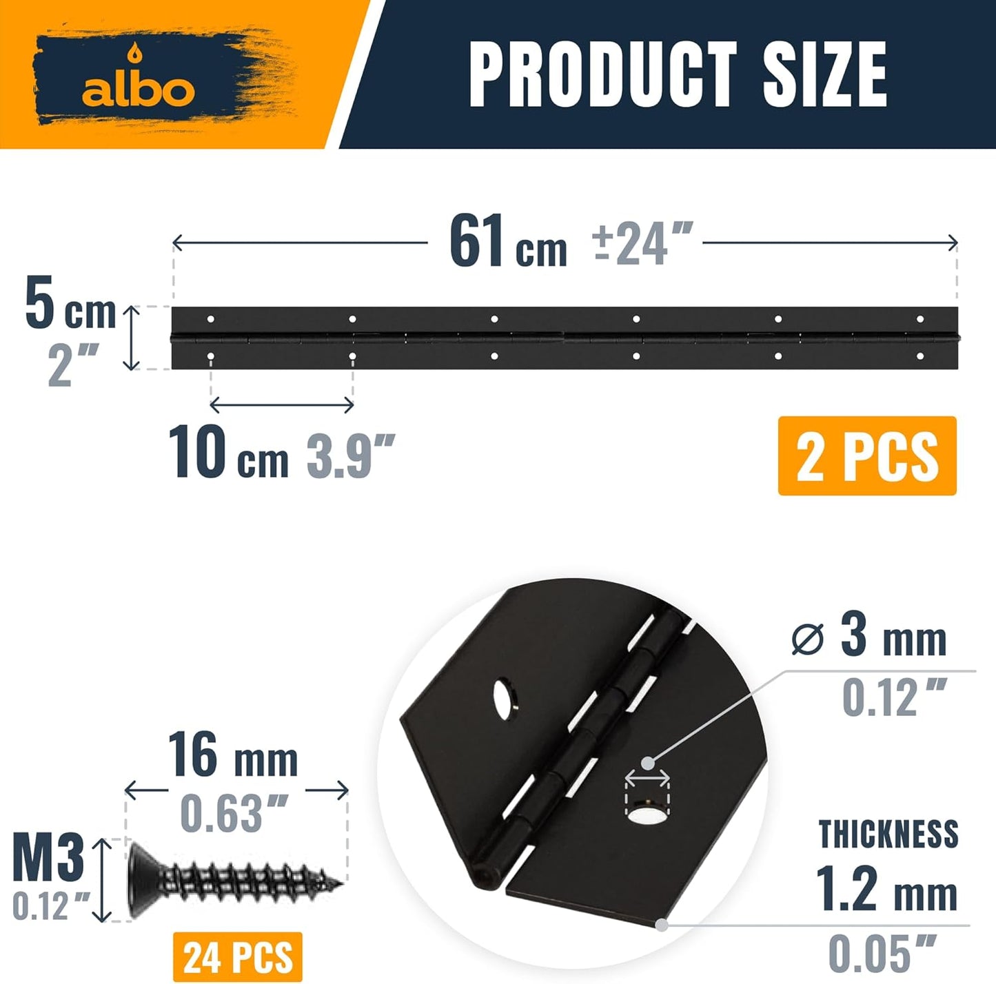 ALBO 24 Inch Black Heavy Duty Piano Hinge Stainless Steel (2-Pack)
