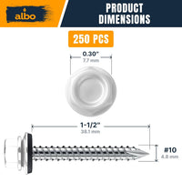 ALBO #10 x 1-1/2 inch White Metal Roofing Screws 250pcs