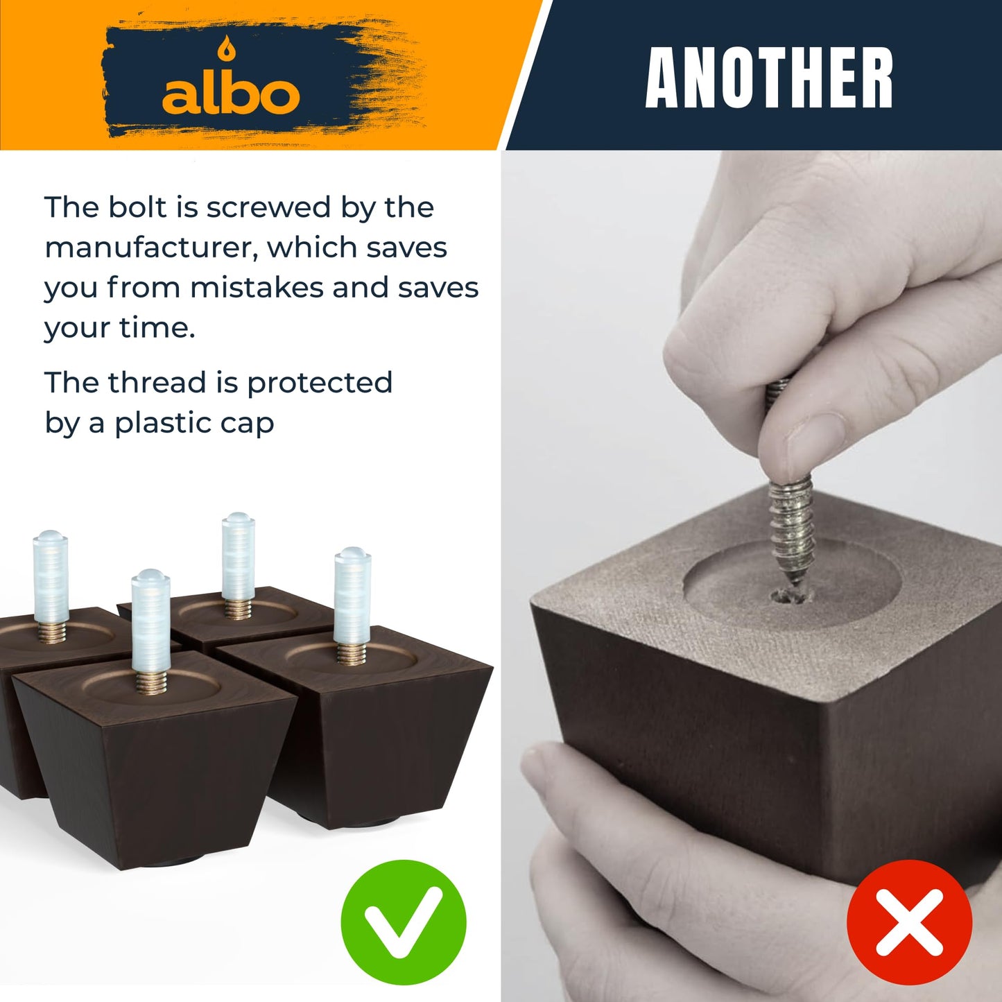 Albo Wood Furniture Legs 2 inch, Heavy Duty Sofa Legs, Pack of 4 Square Brown Couch Legs, Sofa Replacement Parts, for Dresser Legs, Sideboard, Recliner Couch, Circle Chair Couch Riser Coffee Table