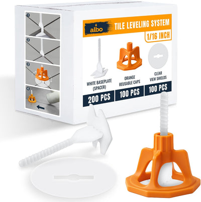 ALBO Tile Leveling System Set 1/16 inch - 200 PCS - Professional Floor & Wall Spacer Kit with Reusable Caps & Protection Plates - Anti-Lippage Installation Tools for Large and Small Tile Formats