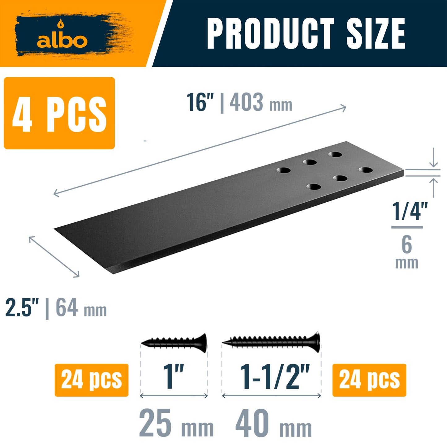 ALBO 16" Heavy Duty Flat Countertop Support Brackets 4 PCS, 300 lb 1/4" Steel - Hidden Flush-Mount Corbel | Matte Black Powder-Coated with Screws for Quartz Granite Wood Kitchen Island Bar Tops