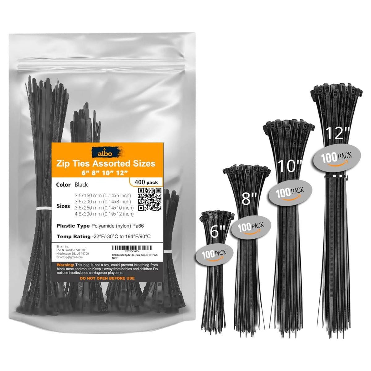 ALBO Black Zip Ties Assorted Sizes 400 Pack Plastic Cable Ties 6+8+10+12 inch Wire Tie UV Resistant Nylon Tie Wraps Assorted Sizes