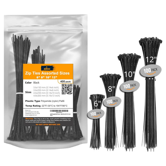 ALBO Black Zip Ties Assorted Sizes 400 Pack Plastic Cable Ties 6+8+10+12 inch Wire Tie UV Resistant Nylon Tie Wraps Assorted Sizes
