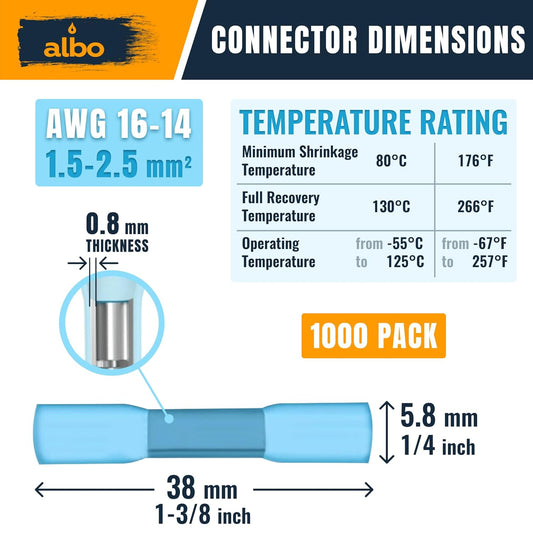 ALBO Heat Shrink Butt Connectors 16-14 AWG, Splice Connectors 1.5-2.5 mm?? Gauge, Blue, Pack 1000 pcs