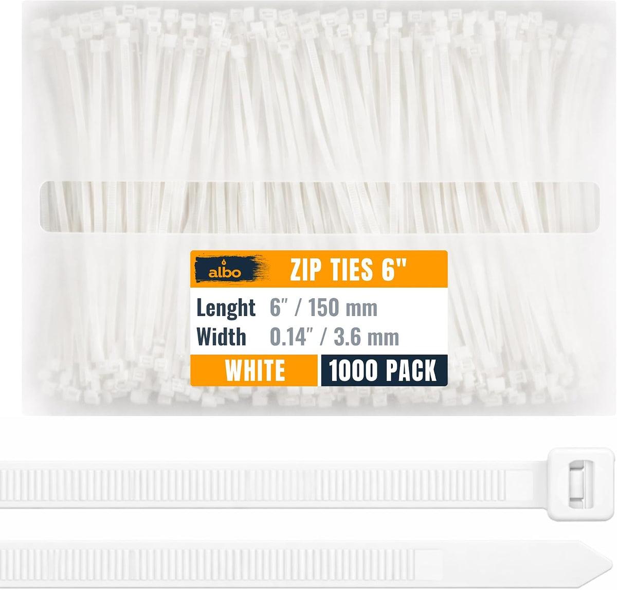 ALBO 1000 Pcs. White Zip Ties, 6 Inch, Heavy Duty, 40 lb Tensile Strength