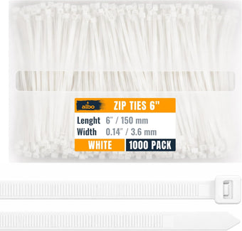 compare product ALBO 1000 Pcs. White Zip Ties, 6 Inch, Heavy Duty, 40 lb Tensile Strength
