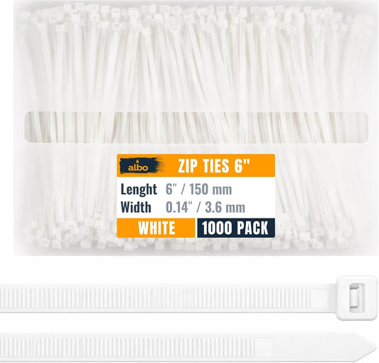 ALBO 1000 Pcs. White Zip Ties, 6 Inch, Heavy Duty, 40 lb Tensile Strength