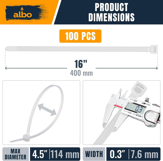 ALBO Heavy Duty White Zip Ties 16 inch 120lb 100 Pack