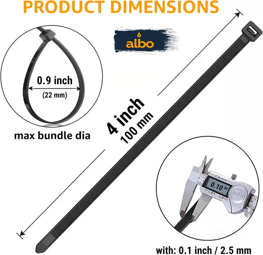 ALBO 1000 Pcs. Black 4-Inch Small Nylon Cable Ties for Home, Office & Garden Organization
