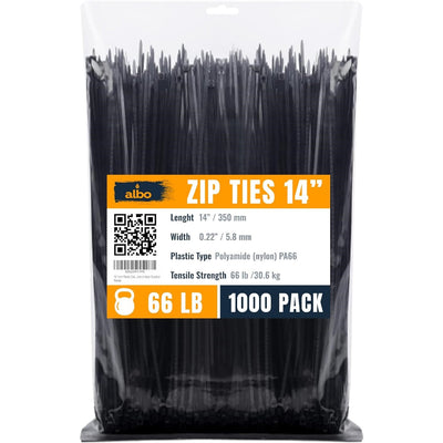 ALBO Black Zip Ties 14 Inch, Nylon Wire Ties for Indoor and Outdoor, Pack 1000 pcs
