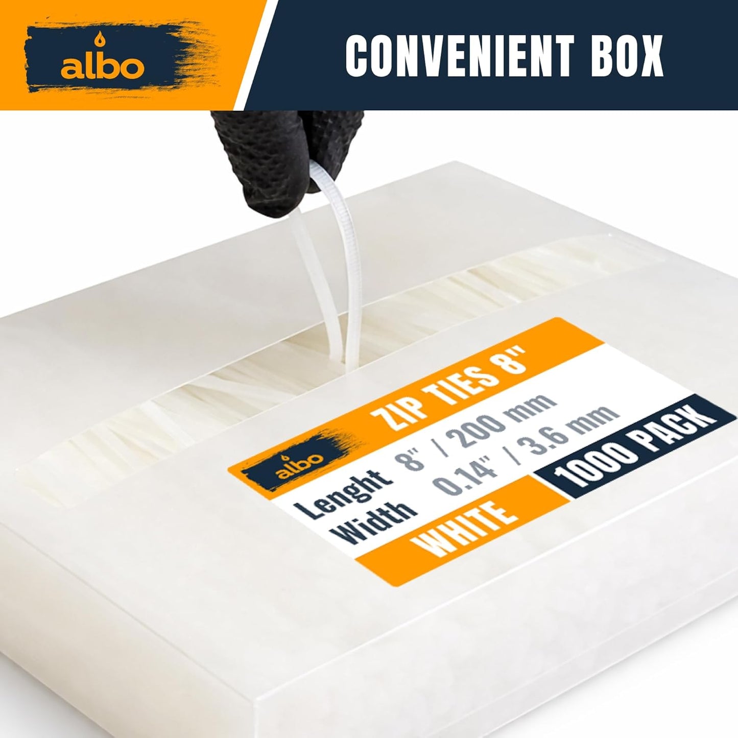ALBO Zip Ties White 8 inch 1000 Pack 40lb
