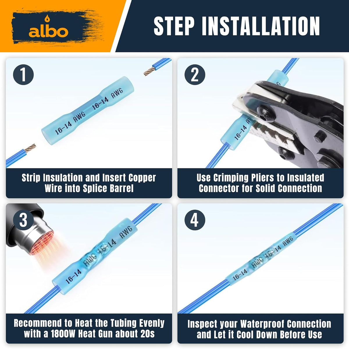 ALBO Heat Shrink Butt Connectors 16-14 AWG Blue 1000pcs