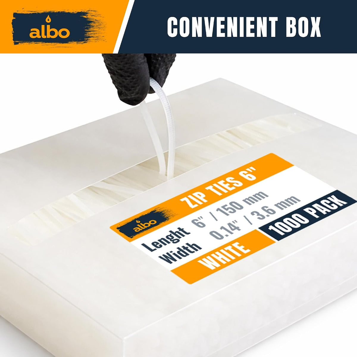 ALBO 1000 Pcs. White Zip Ties, 6 Inch, Heavy Duty, 40 lb Tensile Strength