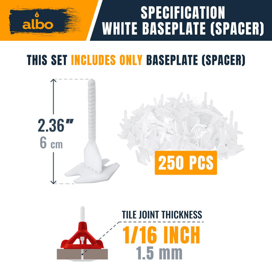 ALBO Tile Leveling System Base Plates 1/16" - 250 PCS - Professional Floor & Wall Spacers, Anti-Lippage Installation Clips for All Tile Formats, Self-Leveling Spacer System