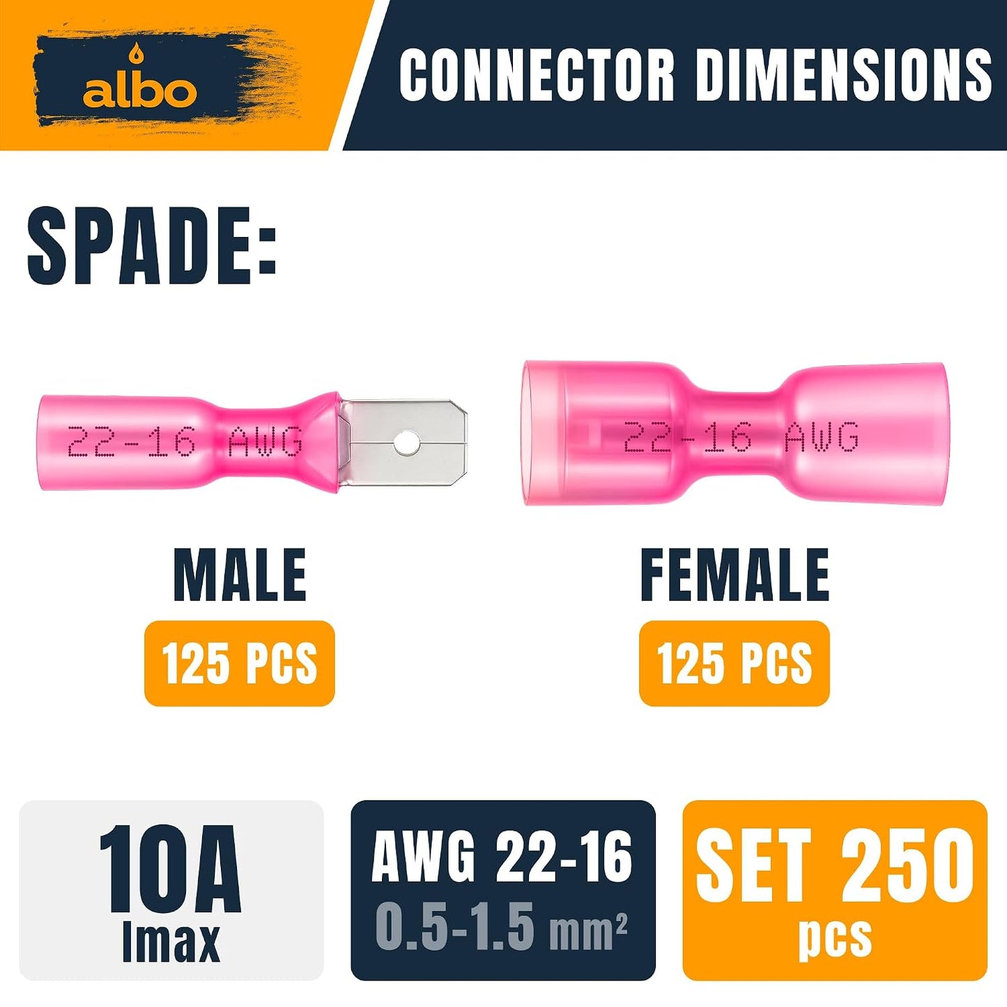 Albo Heat Shrink Male And Female Spade Connectors Kit, Red 22-16 AWG, 250 PCS