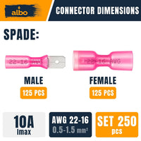 Albo Heat Shrink Male And Female Spade Connectors Kit, Red 22-16 AWG, 250 PCS