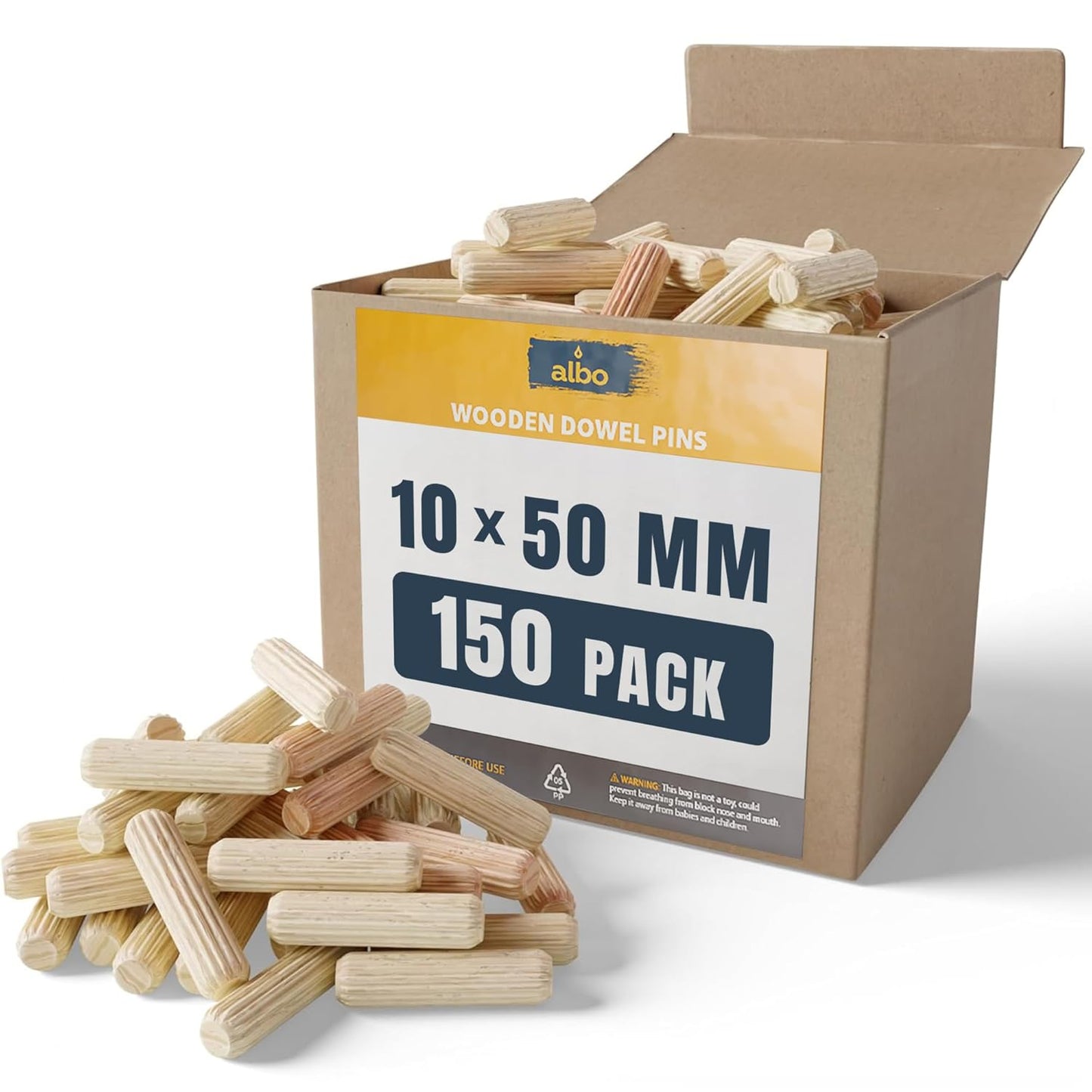 ALBO Wooden Dowel Pins 10x50mm Fluted 150 Pack