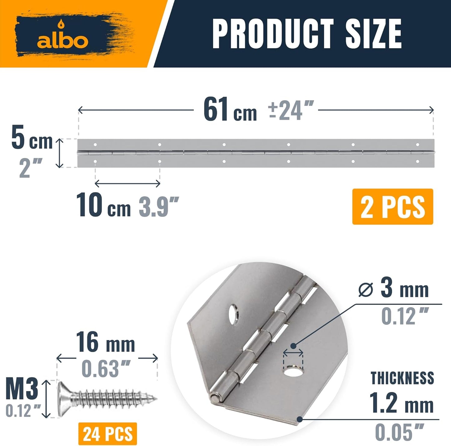 ALBO 24 Inch Silver Heavy Duty Piano Hinge Continuous Stainless Steel 2-Pack
