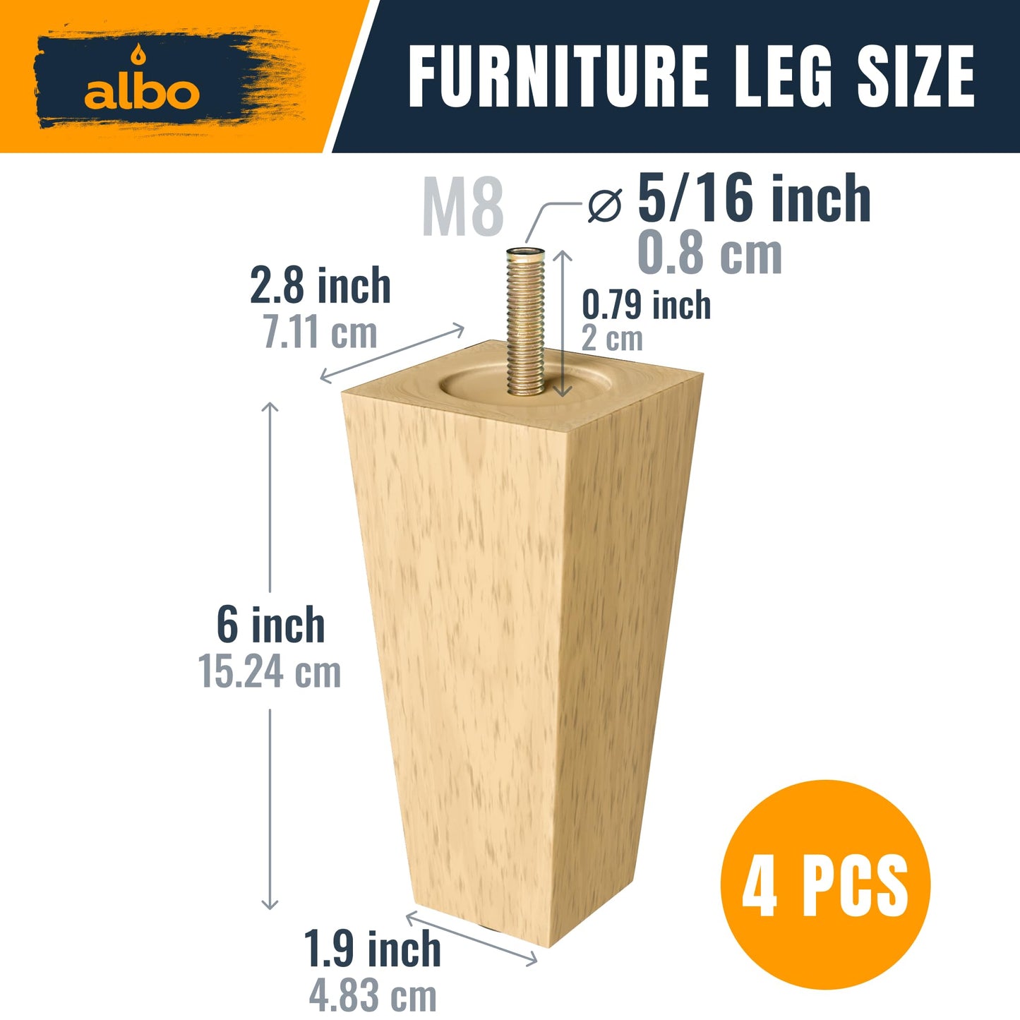 Albo Wood Furniture Legs 6 inch, Heavy Duty Sofa Legs, Pack of 4 Square Couch Legs Covered with Clear Varnish, Sofa Replacement Parts, for Dresser Legs, Sideboard, Recliner Couch, Circle Chair