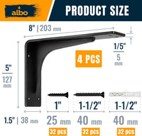 ALBO 8" Heavy Duty Countertop Support Brackets - 400 lb 5mm Steel, Matte Black Powder-Coated L Brackets (4-Pack)