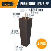 Albo Wood Furniture Legs 8 inch, Heavy Duty Sofa Legs, Pack of 4 Square Brown Couch Legs, Sofa Replacement Parts, for Dresser Legs, Sideboard, Recliner Couch, Circle Chair Couch Riser Coffee Table