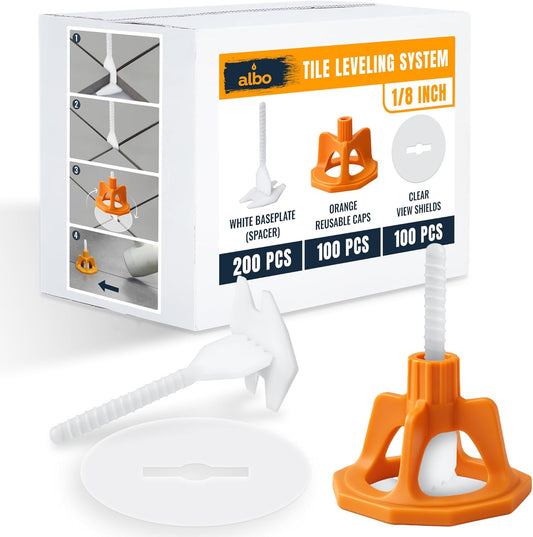 ALBO Tile Leveling System Set 1/8 inch - 200 PCS - Professional Floor & Wall Spacer Kit with Reusable Caps & Protection Plates - Anti-Lippage Installation Tools for Large and Small Tile Formats