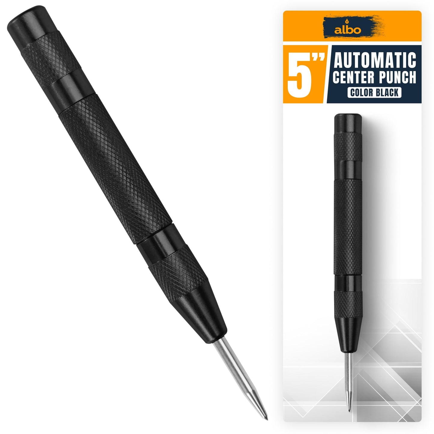 ALBO Automatic Center Punch Tool – 5 Inch Spring Loaded Punch for Metal, Wood & Steel – Heavy Duty Drill Punch – Blackened Finish, Precision Tip for Accurate Marking in Workshop (1pc)