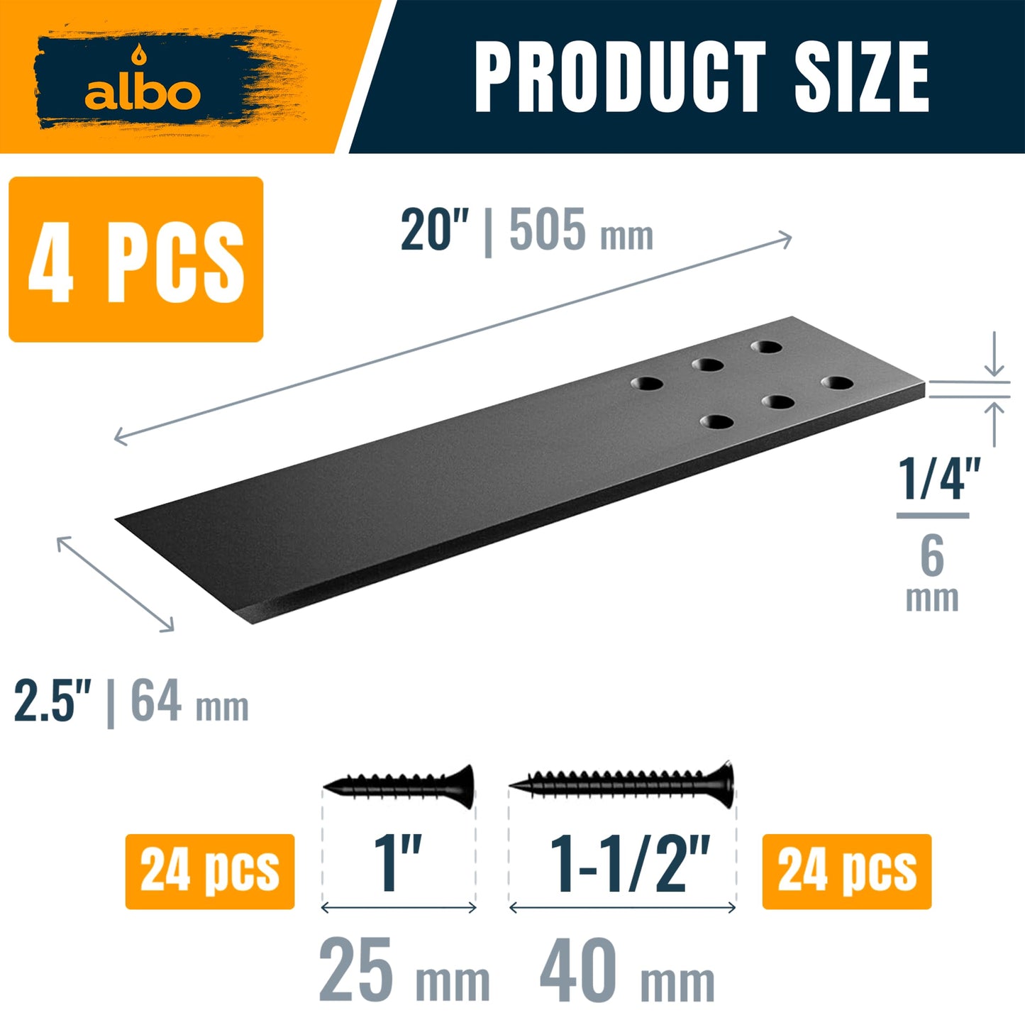 ALBO 20" Heavy Duty Flat Countertop Support Brackets 4 PCS, 300 lb 1/4" Steel - Hidden Flush-Mount Corbel | Matte Black Powder-Coated with Screws for Quartz Granite Wood Kitchen Island Bar Tops