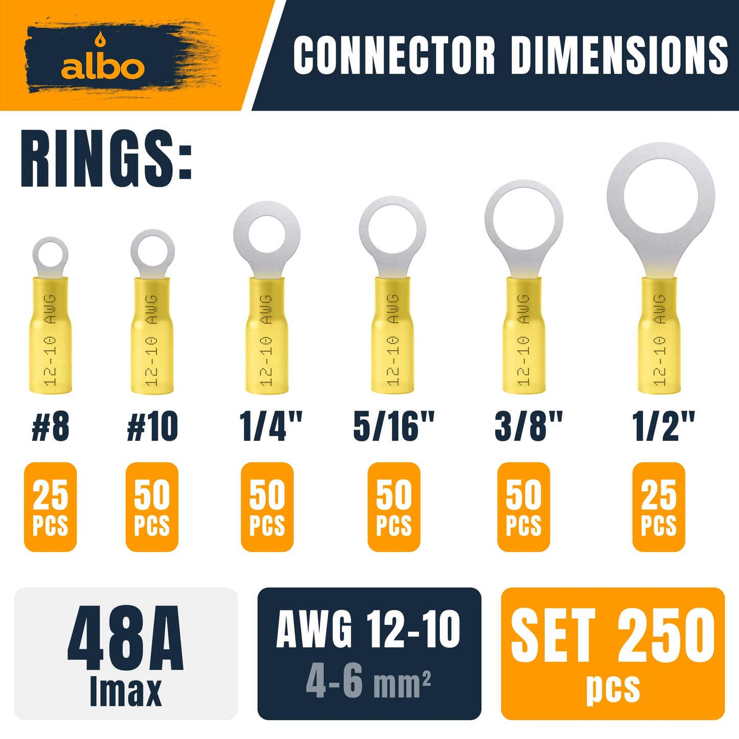 ALBO 250PCS Yellow Heat Shrink Ring Terminal Kit – 12-10 AWG Wire Terminal Connectors Assortment, 6 Sizes (#8, #10, 1/4", 5/16", 3/8", 1/2") – Waterproof Tinned Copper Electrical Ring Connectors