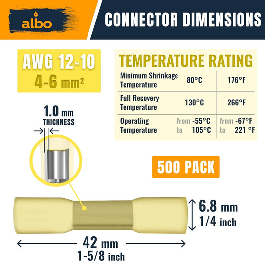 ALBO Heat Shrink Butt Connectors 12-10 AWG, Slice Connectors 4-6mm?? Gauge, Yellow, Pack 500 pcs
