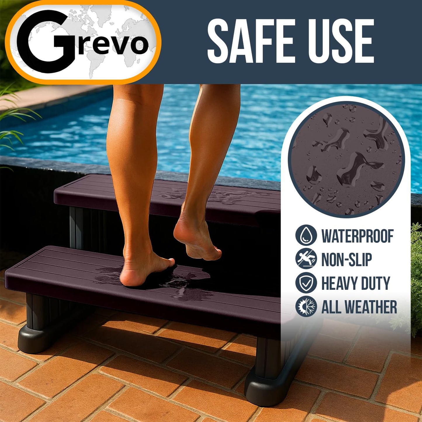 GREVO Outdoor Steps for Hot Tub Wide 31", Brown/Fits Round and Straight Pools, Non-Slip Steps, Quick Assemble
