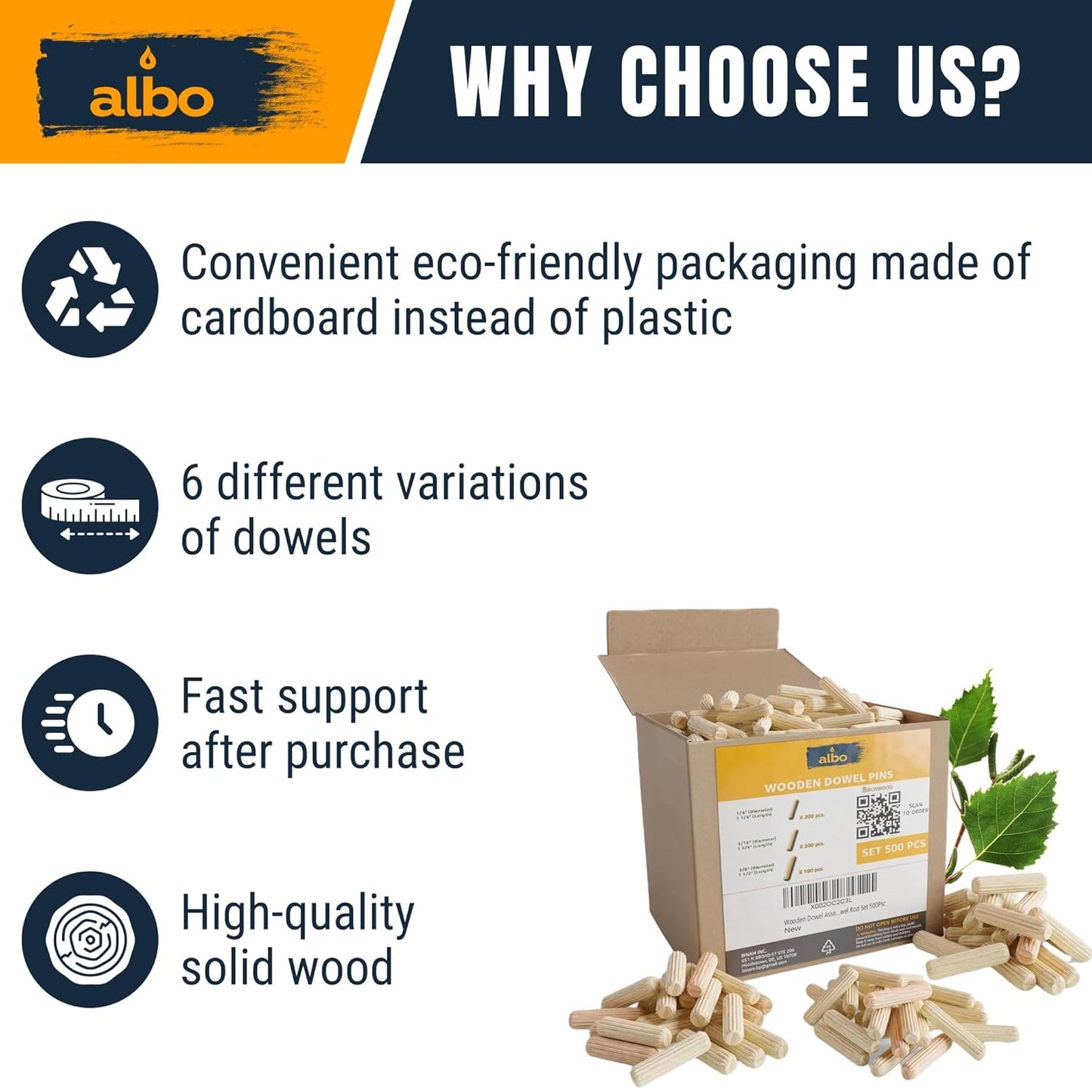 ALBO Wooden Dowel Pins Assorted Sizes 1/4–3/8 inch Fluted 500pcs