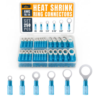 compare product ALBO 250PCS Blue Heat Shrink Ring Terminal Kit – 16-14 AWG Wire Terminal Connectors Assortment, 6 Sizes (#8, #10, 1/4