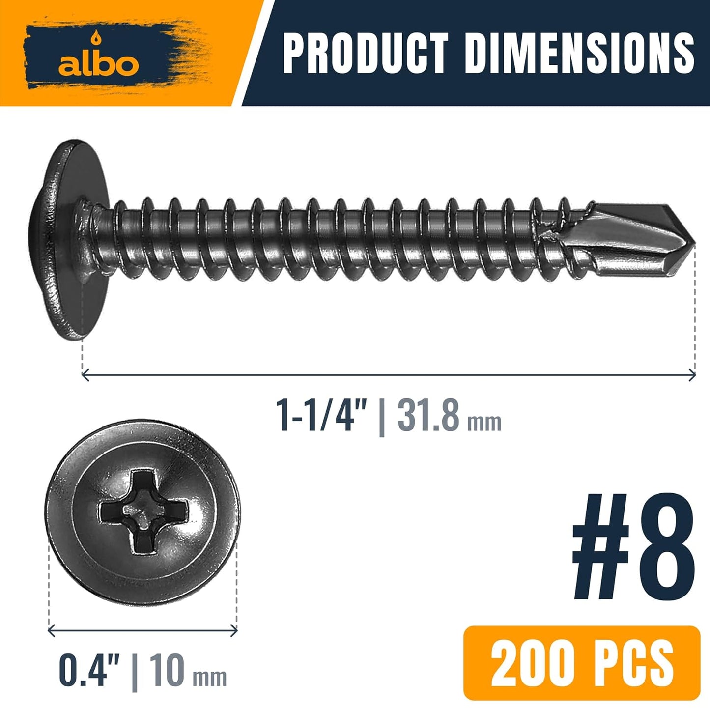 ALBO #8 x 1-1/4 inch Black Stainless Steel Self-Tapping Metal Screws 200pcs
