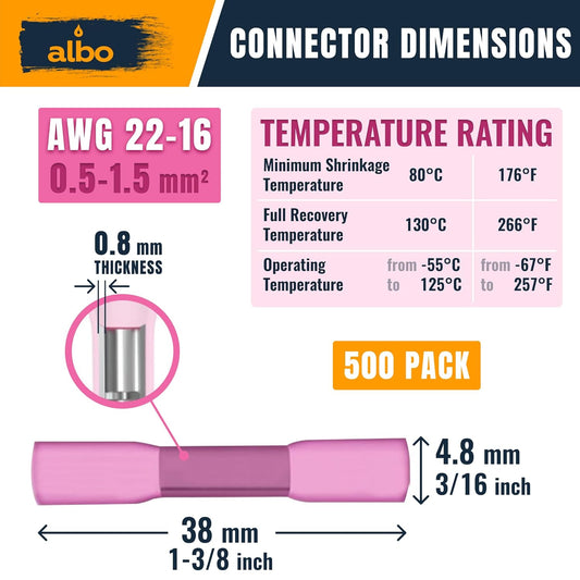 ALBO Heat Shrink Butt Connectors 22-16 AWG, Splice Connectors 0.5-1.5 mm?? Gauge, Red, Pack 500 pcs
