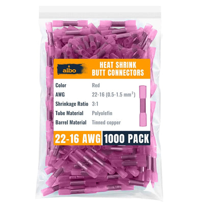 ALBO Heat Shrink Butt Connectors 22-16 AWG, Splice Connectors 0.5-1.5 mm?? Gauge, Red, Pack 1000 pcs