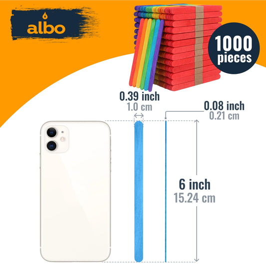 ALBO 1000 Pack 6" Colored Wood Popsicle Rainbow Craft Sticks – Lollipop Ice Cream Sticks, Bulk STEM Classroom Art Supplies, DIY Model Building, Wax Hair Removal Applicators, Epoxy Resin Mixing