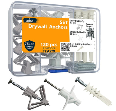 ALBO Drywall  Hollow Wall Anchor Kit with Screws, Set of 3 Anchor Types, 60 pieces