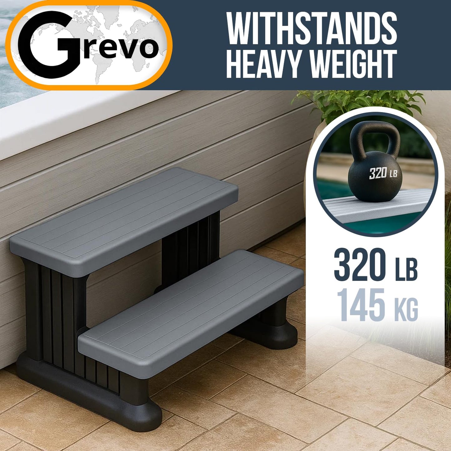 GREVO Outdoor Steps for Hot Tub Wide 31", Gray/Fits Round and Straight Pools, Non-Slip Steps, Quick Assemble