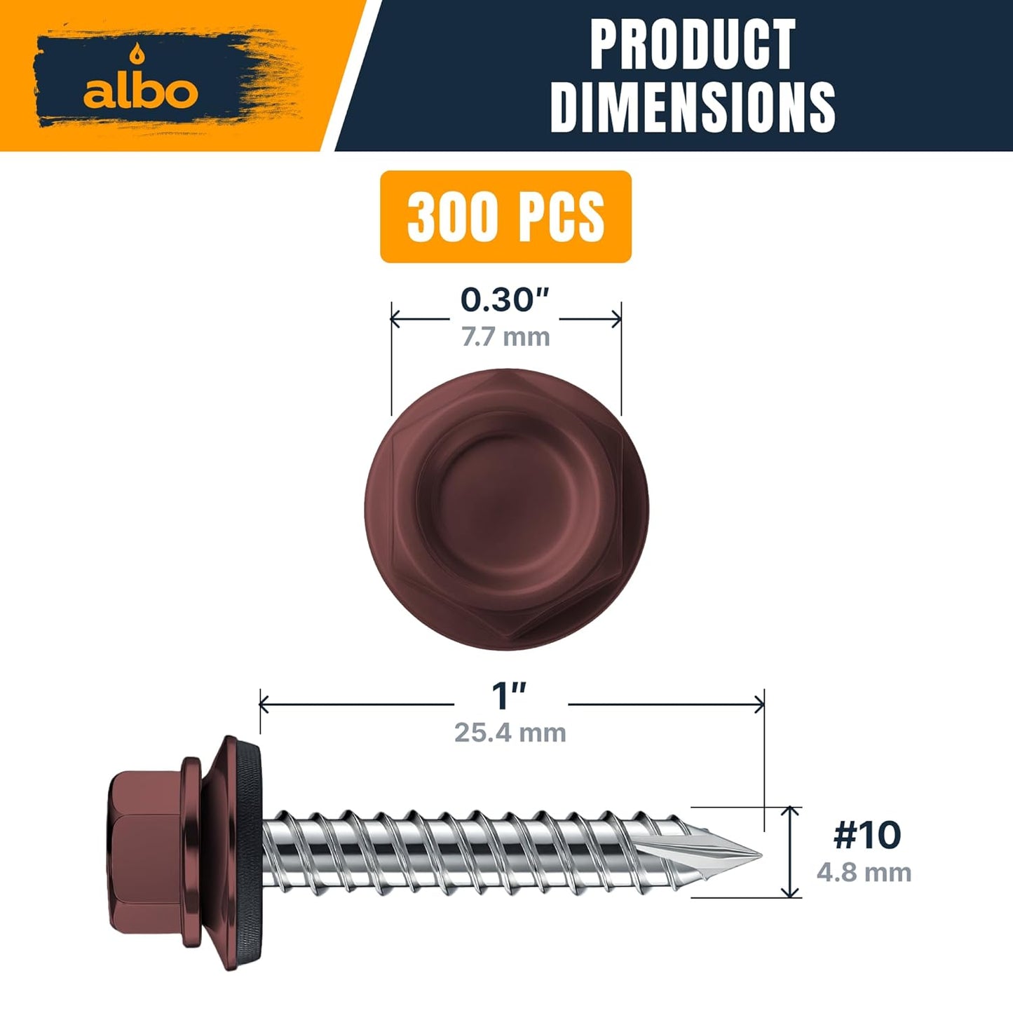 ALBO #10 x 1 Inch Brown Metal Roofing Screws 300pcs