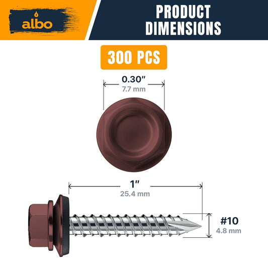 ALBO #10 x 1 Inch Brown Metal Roofing Screws 300pcs